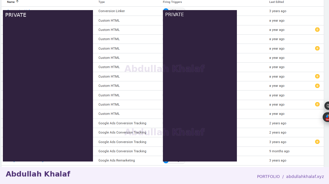Tag Manager · measurement setup — private details removed