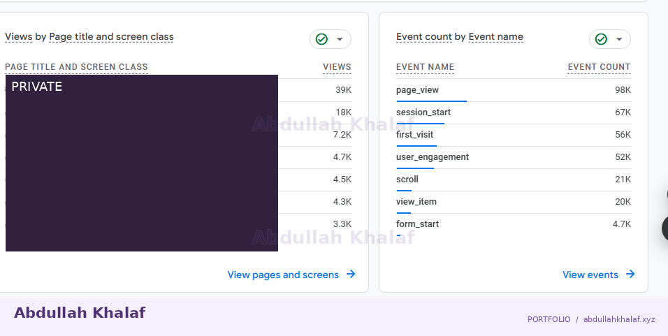 Google Analytics · audience & events — private details removed